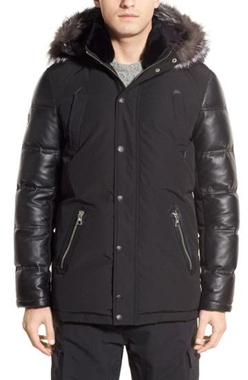 Men's M. Benisti Water Resistant Down Jacket With Genuine Silver Fox Fur & Rabbit Fur Trim