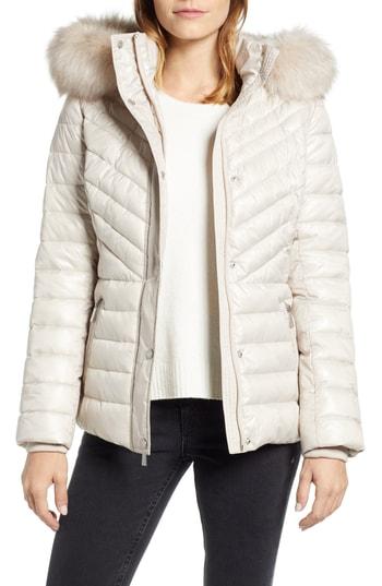 Women's Kenneth Cole New York Faux Fur Trim Puffer Jacket - Beige