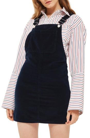 Women's Topshop Moto Velvet Pinafore Dress Us (fits Like 0) - Blue