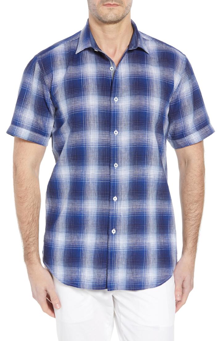 Men's Bugatchi Shaped Fit Plaid Linen Blend Sport Shirt