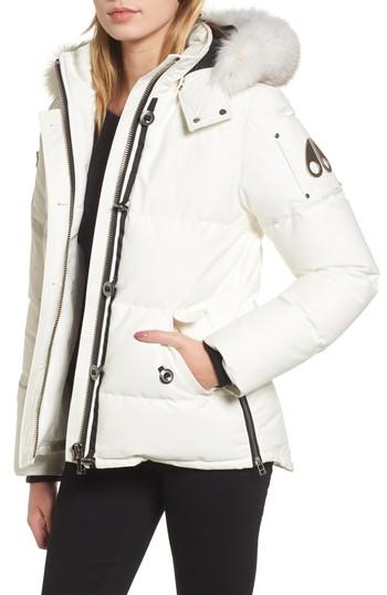 Women's Moose Knuckles Genuine Fox Fur Trim Hooded Down Coat - White