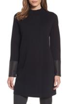 Women's Eileen Fisher Leather Detail Wool Sweater Coat - Black