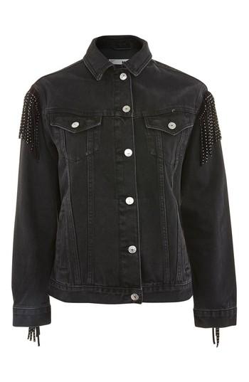 Women's Topshop Stud Fringe Denim Jacket Us (fits Like 0) - Black