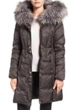 Women's Via Spiga Water Repellent Quilted Puffer Coat With Faux Fur Trim - Grey