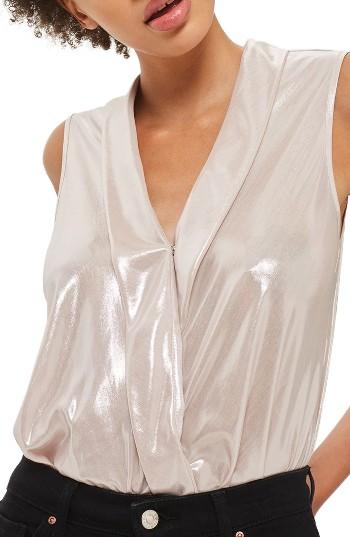 Women's Topshop Drape Metallic Bodysuit Us (fits Like 0) - Beige