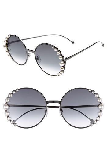 Women's Fendi 58mm Embellished Round Sunglasses - Dark Ruthenium