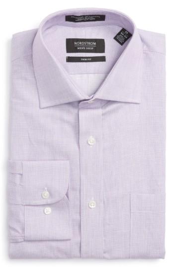 Men's Nordstrom Men's Shop Trim Fit Solid Linen & Cotton Dress Shirt - 32/33 - Purple