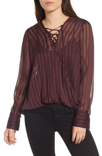 Women's Trouve Sheer Shadow Stripe Top - Burgundy