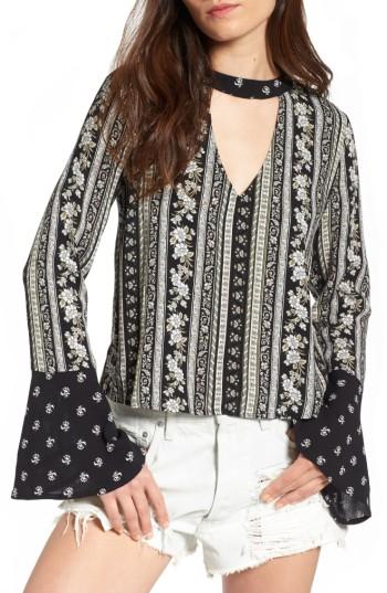 Women's Love, Fire Choker Neck Print Blouse - Burgundy
