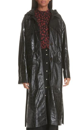 Women's Nanushka Gus Faux Crocodile Trench Coat - Black