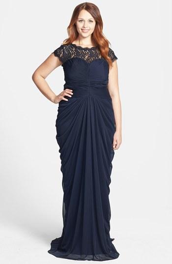 Women's Adrianna Papell Lace Yoke Drape Mesh Gown