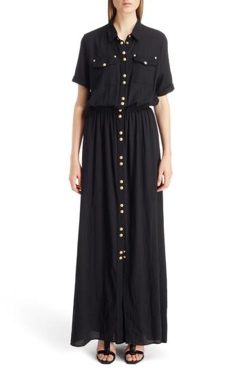 Women's Balmain Button Front Cotton Maxi Dress Us / 34 Fr - Black