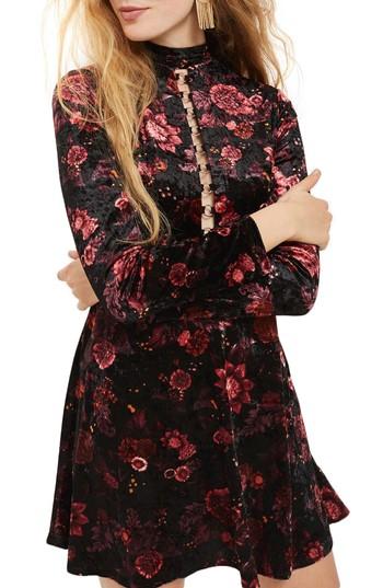 Women's Topshop Ring Lace Up Floral Velvet Skater Dress Us (fits Like 0) - Black