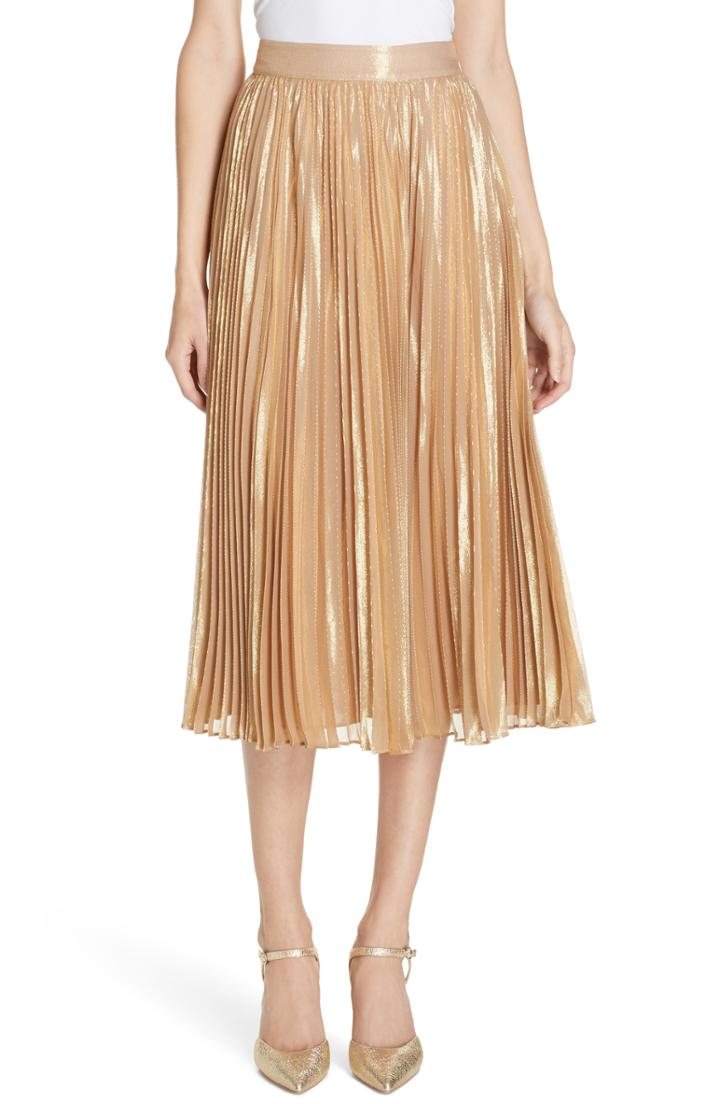 Women's Kate Spade New York Pleat Metallic Pleat Midi Skirt - Beige
