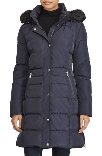 Women's Lauren Ralph Lauren Quilted Parka With Faux Fur - Blue