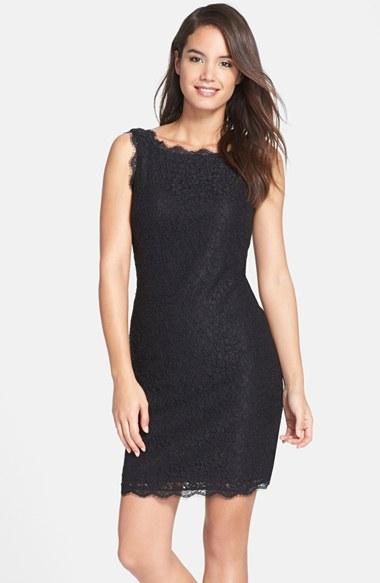 Petite Women's Adrianna Papell Boatneck Lace Sheath Dress P - Black