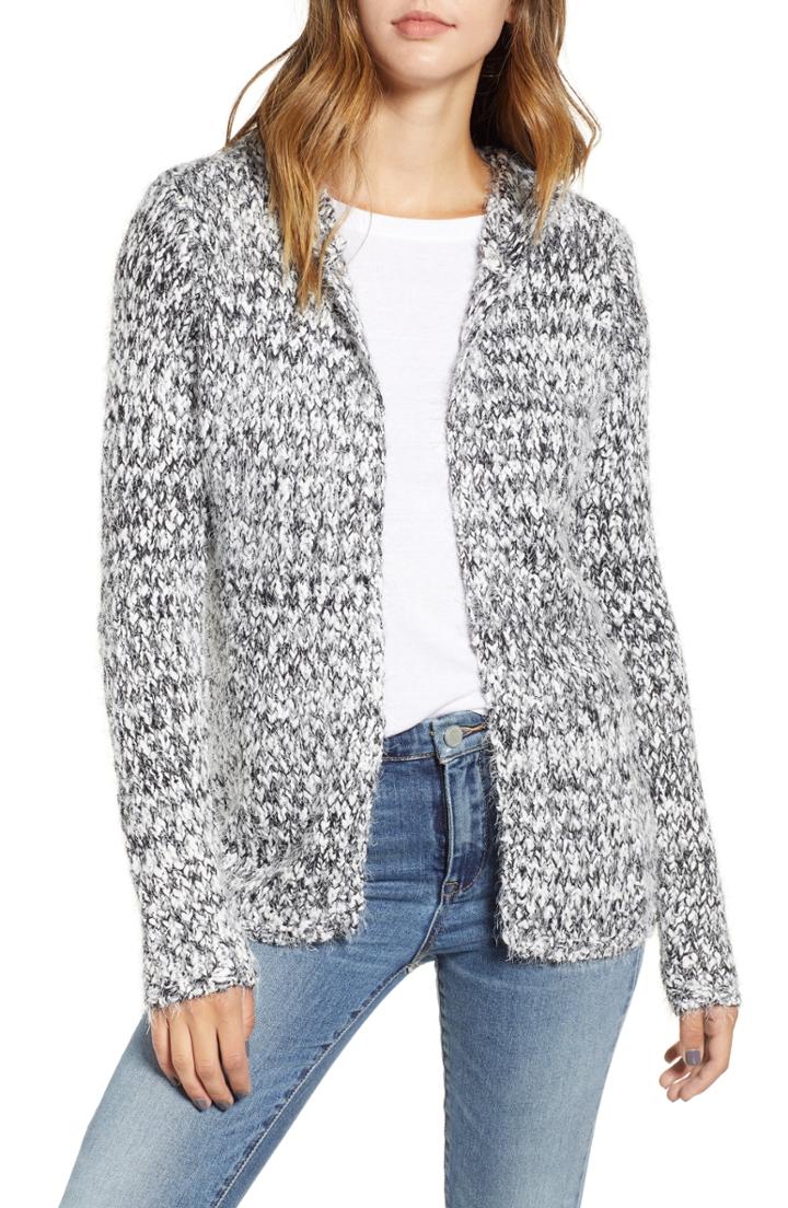 Women's Woven Heart Hooded Eyelash Chenille Cardigan - Black