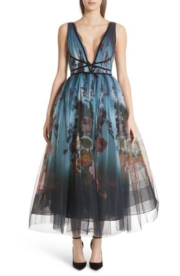Women's Marchesa Ombre Floral Print Tulle Tea Length Dress - Blue