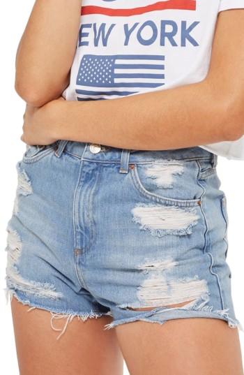 Petite Women's Topshop Ripped Longline Mom Shorts P Us (fits Like 0-2p) - Blue