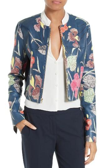 Women's Diane Von Furstenberg Zip Front Print Leather Jacket, Size - Blue