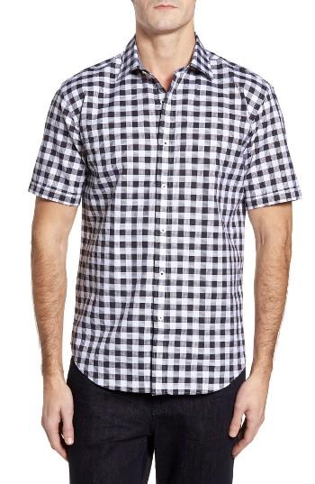 Men's Bugatchi Shaped Fit Dobby Check Sport Shirt, Size - Black