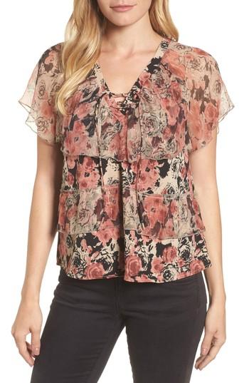 Women's Lucky Brand Ruffled Rose Print Top - Pink