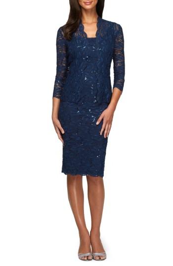 Petite Women's Alex Evenings Lace Dress & Jacket P - Blue