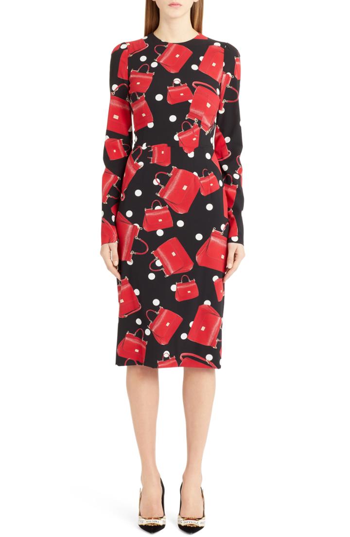 Women's Dolce & Gabbana Handbag Print Stretch Silk Dress Us / 40 It - Black