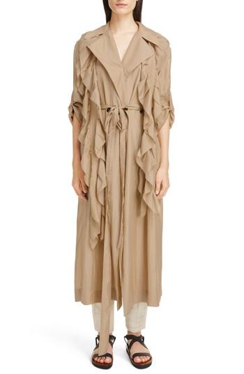 Women's Victoria Beckham Removable Ruffle Silk Habotai Trench Coat Us / 6 Uk - Beige