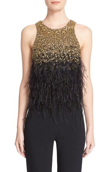 Women's Badgley Mischka Couture Feather Embellished Beaded Sleeveless Top