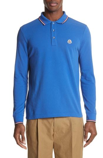 Men's Moncler Maglia Long Sleeve Pique Polo - Blue