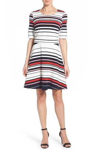Women's Pleione Stripe Ottoman Rib Fit & Flare Dress - Red