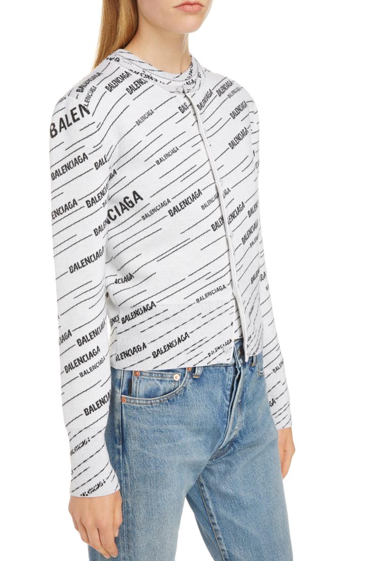 Women's Balenciaga Jacquard Stripe Logo Cardigan - White