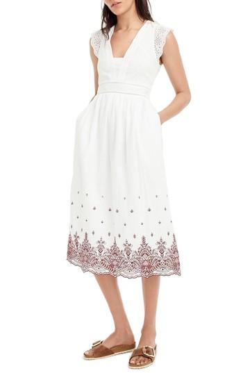Women's J.crew Embroidered Flutter Sleeve Midi Dress - White