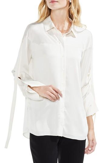 Women's Vince Camuto Drawstring Sleeve Hammer Satin Blouse, Size - White