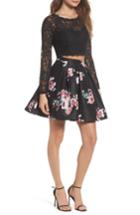 Women's Sequin Hearts Floral Lace Two-piece Dress - Black