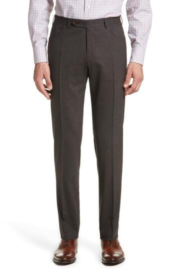 Men's Canali Flat Front Solid Wool Trousers Us / 52 Eur - Brown