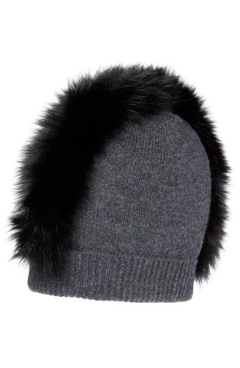 Women's Charlotte Simone Mo Mohawk Cashmere Beanie With Genuine Fox Fur Trim - Grey
