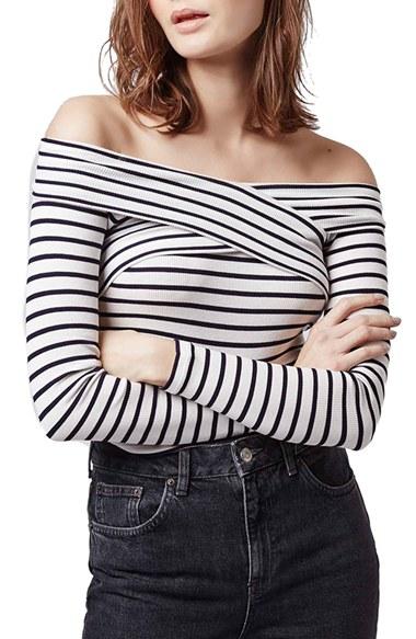 Women's Topshop Stripe Off The Shoulder Crop Top