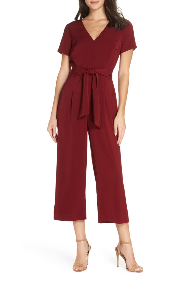 Women's Charles Henry Belted Crop Jumpsuit, Size - Burgundy
