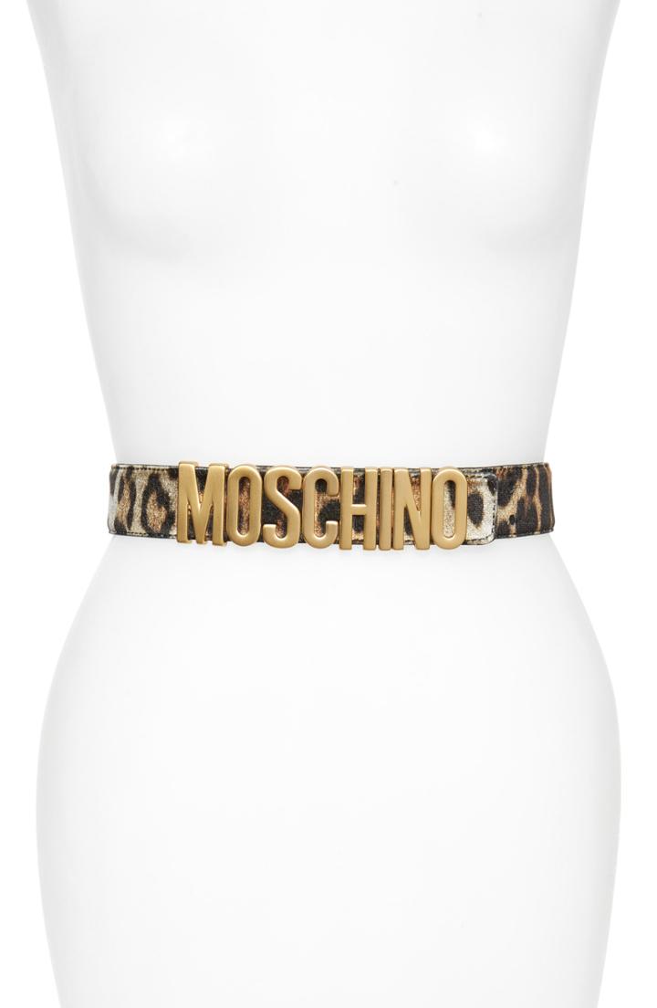 Women's Moschino Logo Plate Leopard Print Velvet Belt - Gold/ Leopard