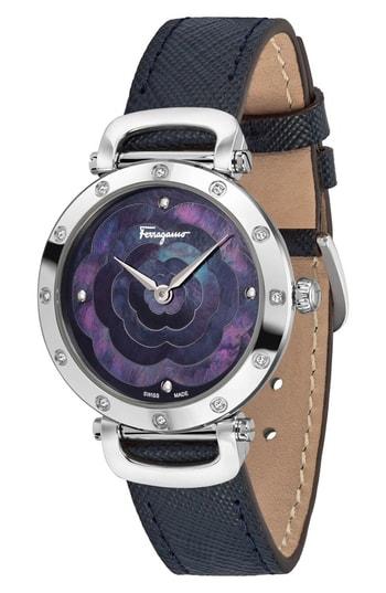 Women's Salvatore Ferragamo Diamond Leather Strap Watch, 34mm