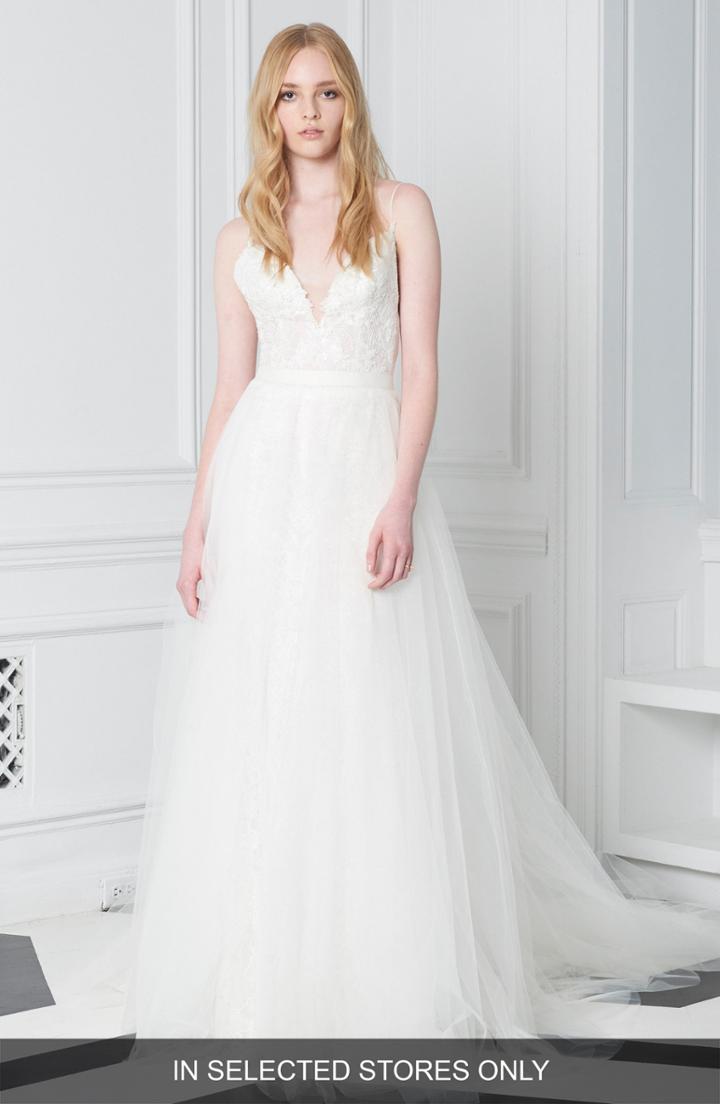 Women's Bliss Monique Lhuillier Lace Plunge Neck Ballgown, Size - White