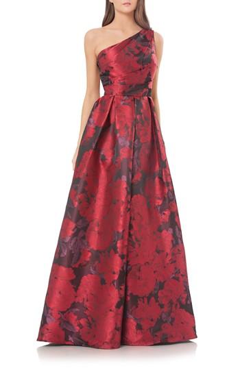 Women's Carmen Marc Valvo Infusion Print One-shoulder Ballgown - Red