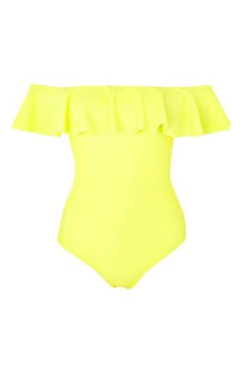 Women's Topshop Ruffle Off The Shoulder One-piece Swimsuit Us (fits Like 10-12) - Yellow