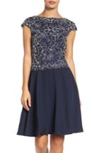 Petite Women's Tadashi Shoji Embroidered Lace Fit & Flare Dress P - Blue