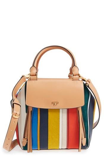 Tory Burch Balloon Stripe Half Moon Leather & Genuine Calf Hair Satchel - Orange