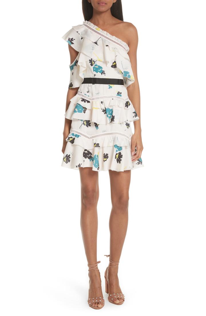 Women's Self-portrait Floral Tiered One Shoulder Dress
