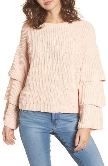 Women's Woven Heart Triple Ruffle Sweater - Pink