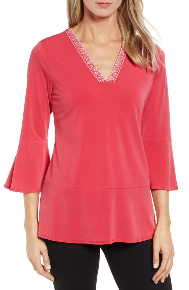 Women's Chaus Embroidery Detail Flounce Sleeve Top - Coral